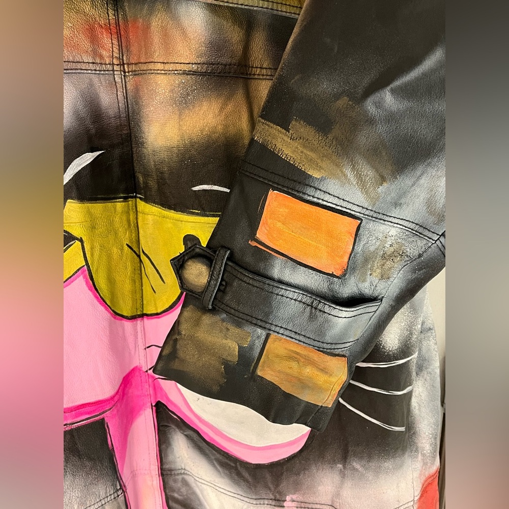 Custom Hand Painted Pink Panther Leather Trench Coat - Picture 5 of 12